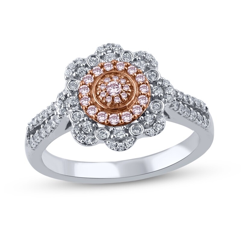 Main Image 1 of 1/2 CT. T.W. Pink and White Multi-Diamond Scallop Frame Ring in 10K Two-Tone Gold