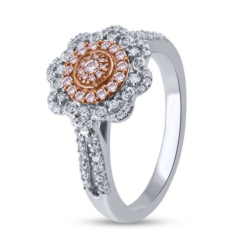 Main Image 2 of 1/2 CT. T.W. Pink and White Multi-Diamond Scallop Frame Ring in 10K Two-Tone Gold