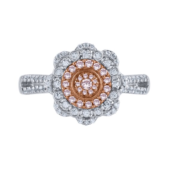 1/2 CT. T.w. Pink and White Multi-Diamond Scallop Frame Ring in 10K Two-Tone Gold