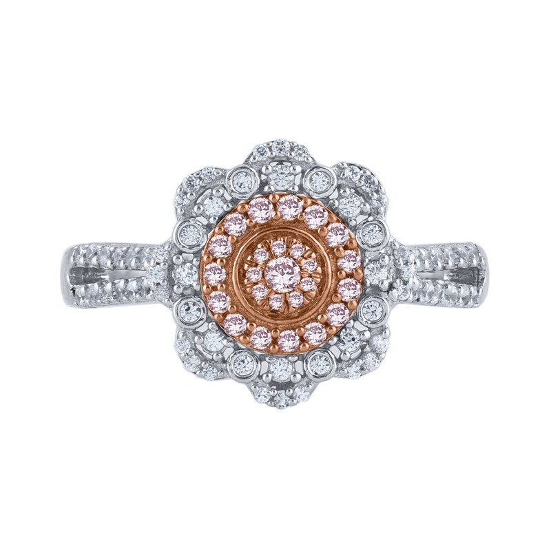 Main Image 3 of 1/2 CT. T.W. Pink and White Multi-Diamond Scallop Frame Ring in 10K Two-Tone Gold