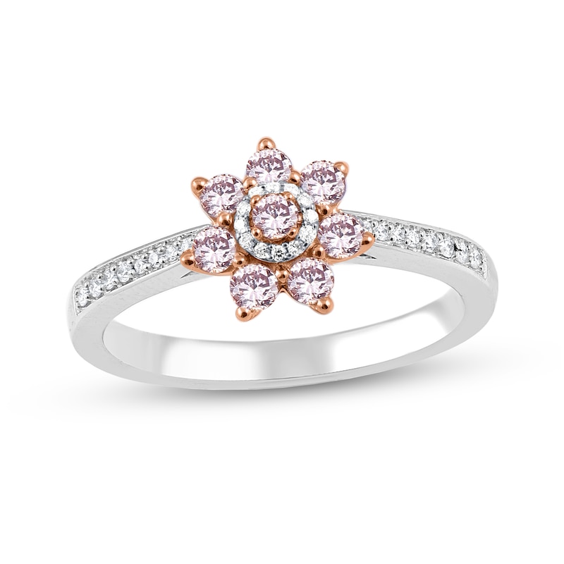 Main Image 1 of 1/2 CT. T.W. Pink and White Diamond Flower Ring in 10K Two-Tone Gold