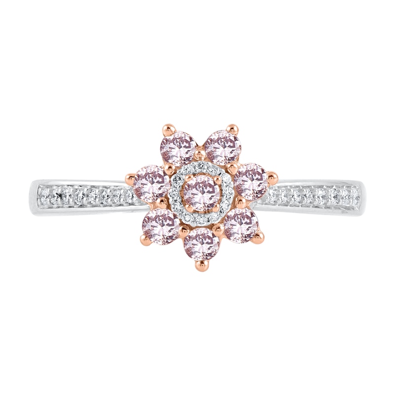 Main Image 3 of 1/2 CT. T.W. Pink and White Diamond Flower Ring in 10K Two-Tone Gold