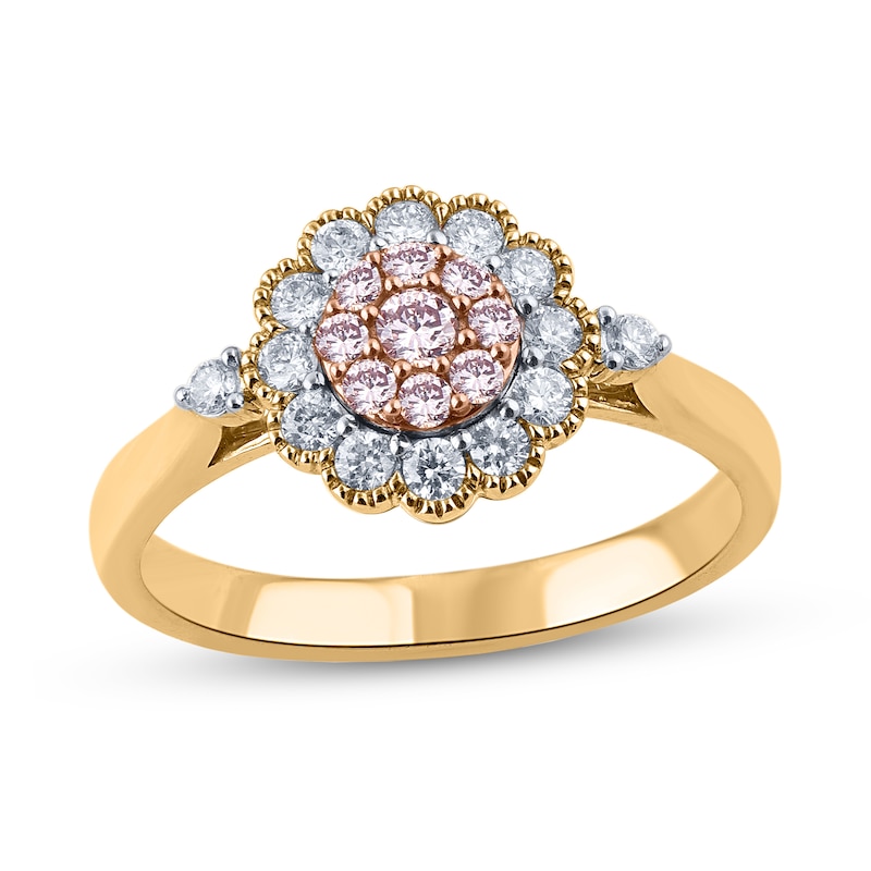 Main Image 1 of 1/2 CT. T.W. Pink and White Multi-Diamond Scallop Frame Vintage-Style Ring in 10K Two-Tone Gold