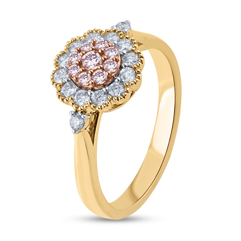 Main Image 2 of 1/2 CT. T.W. Pink and White Multi-Diamond Scallop Frame Vintage-Style Ring in 10K Two-Tone Gold