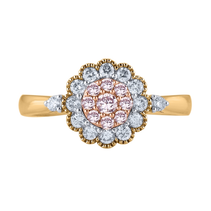 Main Image 3 of 1/2 CT. T.W. Pink and White Multi-Diamond Scallop Frame Vintage-Style Ring in 10K Two-Tone Gold