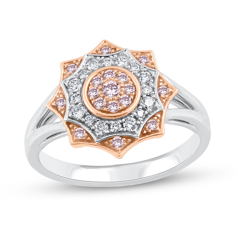 Main Image 1 of 1/2 CT. T.W. Pink and White Diamond Floral Star Ring in 10K Two-Tone Gold