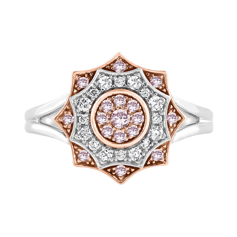 Main Image 3 of 1/2 CT. T.W. Pink and White Diamond Floral Star Ring in 10K Two-Tone Gold