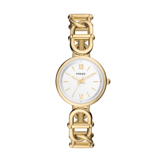 Ladies' Fossil Carlie Gold-Tone Watch with Roman Numeral Silver Dial (Model: Es5272)
