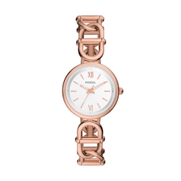 Ladies' Fossil Carlie Rose-Tone Watch with Roman Numeral Silver Dial (Model: ES5273)