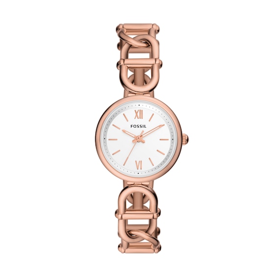 Ladies' Fossil Carlie Rose-Tone Watch with Roman Numeral Silver Dial (Model: Es5273)
