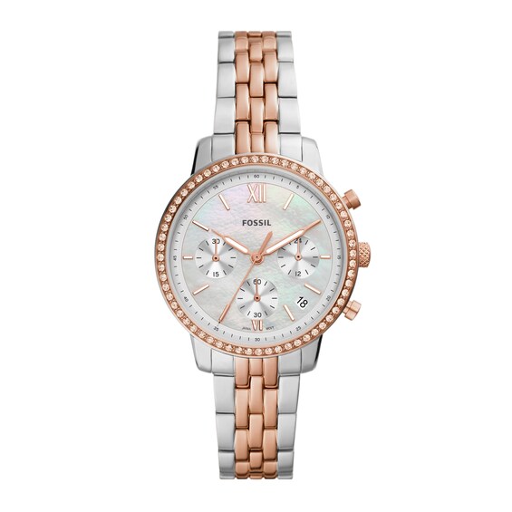 Ladies' Fossil Neutra Crystal Accent Rose Two-Tone Chronograph Watch with Mother-of-Pearl Dial (Model: Es5279)