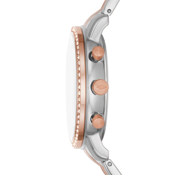 Ladies' Fossil Neutra Crystal Accent Rose Two-Tone Chronograph Watch with Mother-of-Pearl Dial (Model: Es5279)