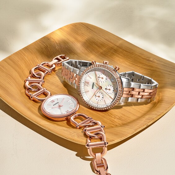 Ladies' Fossil Neutra Crystal Accent Rose Two-Tone Chronograph Watch with Mother-of-Pearl Dial (Model: Es5279)
