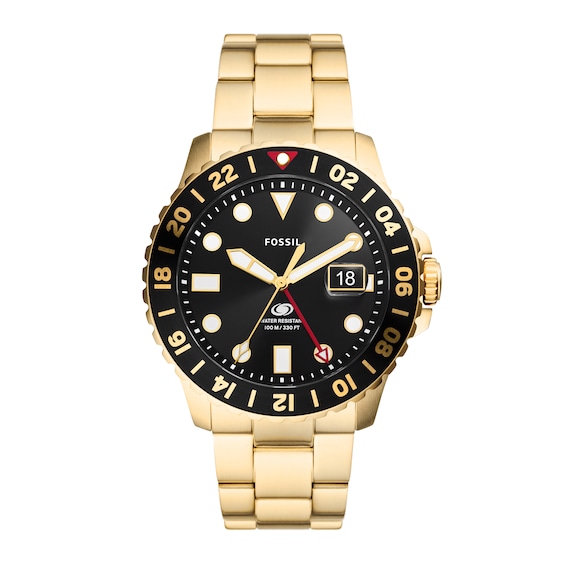 Men's Fossil Blue Special Edition GMT Gold-Tone Watch with Black Sunray Dial (Model: Fs5990)