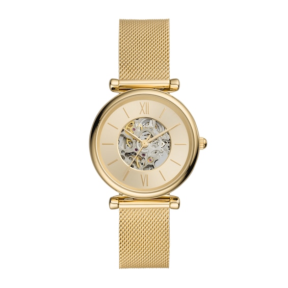 Ladies' Fossil Carlie Automatic Gold-Tone Mesh Watch with Roman Numeral Gold-Tone Skeleton Sunray Dial (Model: Me3250)