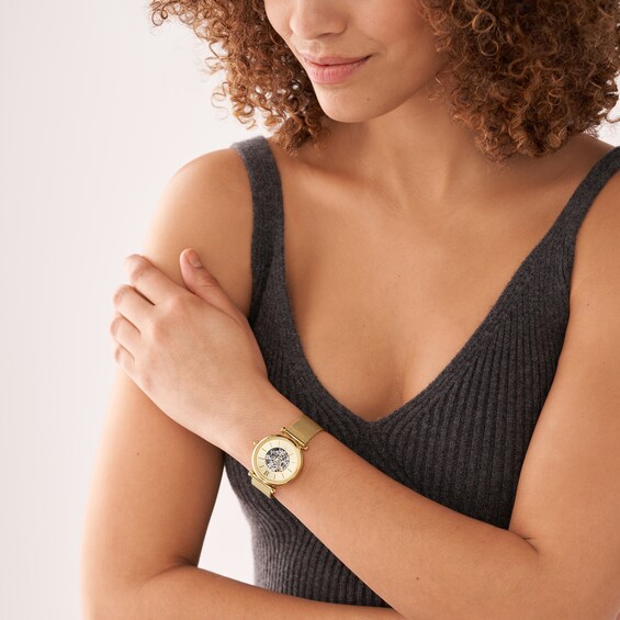 Ladies' Fossil Carlie Automatic Gold-Tone Mesh Watch with Roman Numeral Gold-Tone Skeleton Sunray Dial (Model: Me3250)