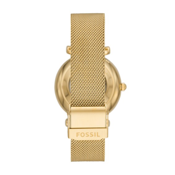 Ladies' Fossil Carlie Automatic Gold-Tone Mesh Watch with Roman Numeral Gold-Tone Skeleton Sunray Dial (Model: Me3250)