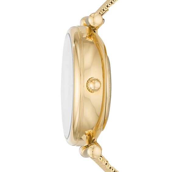 Ladies' Fossil Carlie Automatic Gold-Tone Mesh Watch with Roman Numeral Gold-Tone Skeleton Sunray Dial (Model: Me3250)