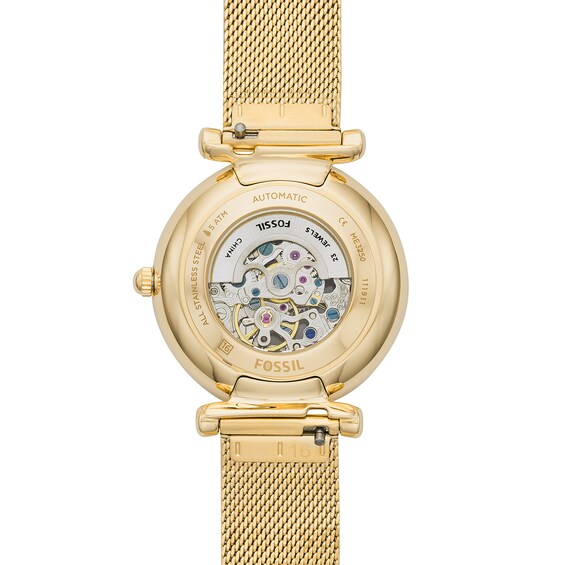 Ladies' Fossil Carlie Automatic Gold-Tone Mesh Watch with Roman Numeral Gold-Tone Skeleton Sunray Dial (Model: Me3250)