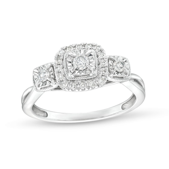 1/4 CT. T.w. Diamond Cushion Frame Past Present Future® Engagement Ring in 10K White Gold