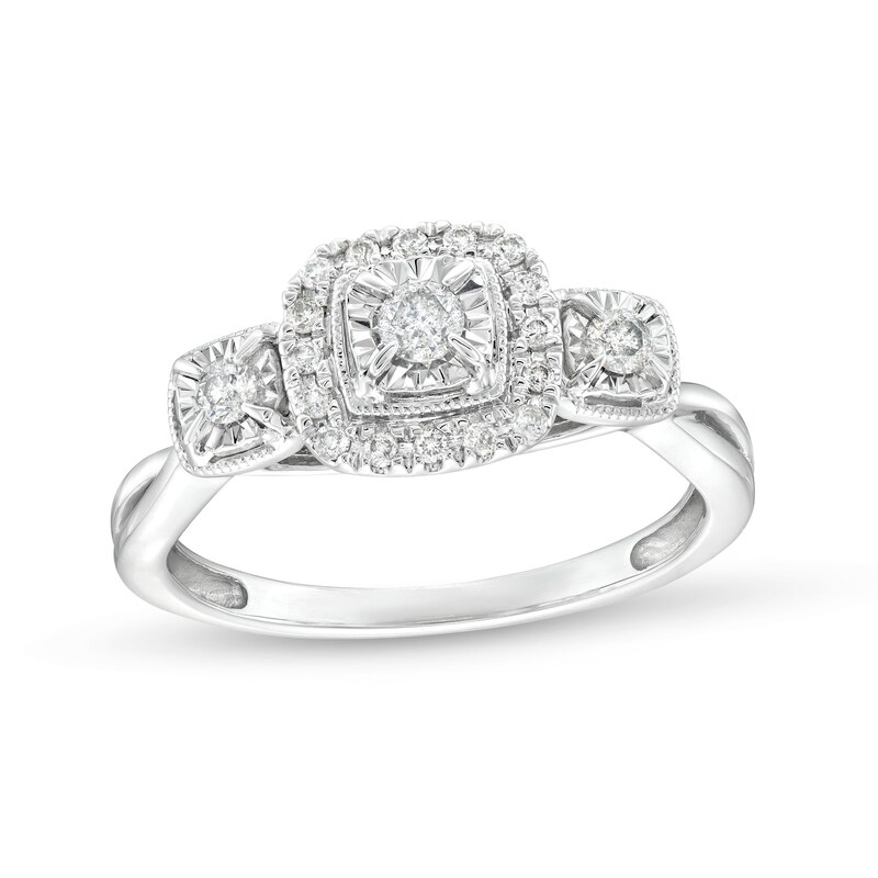 Main Image 1 of 1/4 CT. T.W. Diamond Cushion Frame Past Present Future® Engagement Ring in 10K White Gold