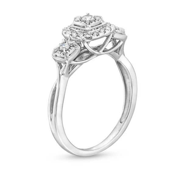 1/4 CT. T.w. Diamond Cushion Frame Past Present FutureÂ® Engagement Ring in 10K White Gold
