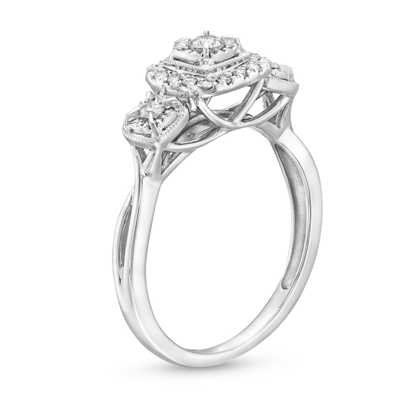 Main Image 3 of 1/4 CT. T.W. Diamond Cushion Frame Past Present Future® Engagement Ring in 10K White Gold