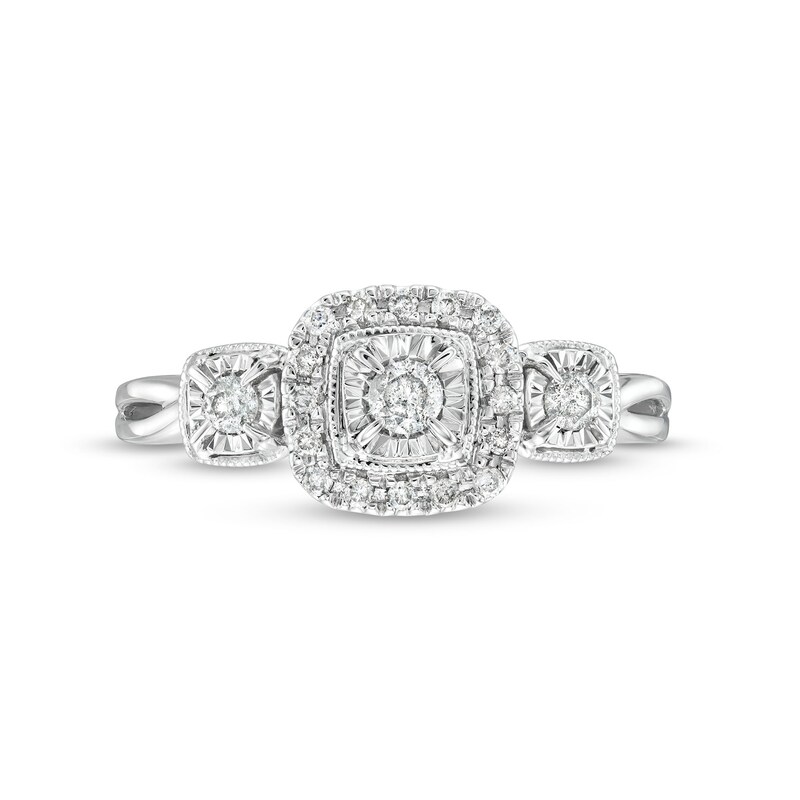 Main Image 4 of 1/4 CT. T.W. Diamond Cushion Frame Past Present Future® Engagement Ring in 10K White Gold