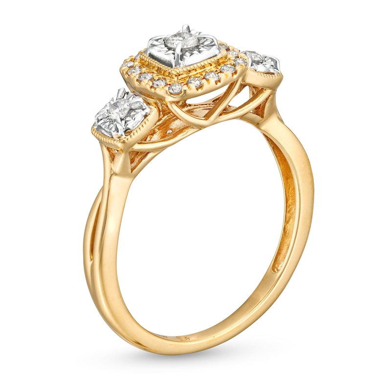 Main Image 3 of 1/4 CT. T.W. Diamond Cushion Frame Past Present Future® Engagement Ring in 10K Gold