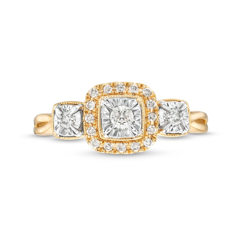 1/4 CT. T.W. Diamond Cushion Frame Past Present Future® Engagement Ring in 10K Gold