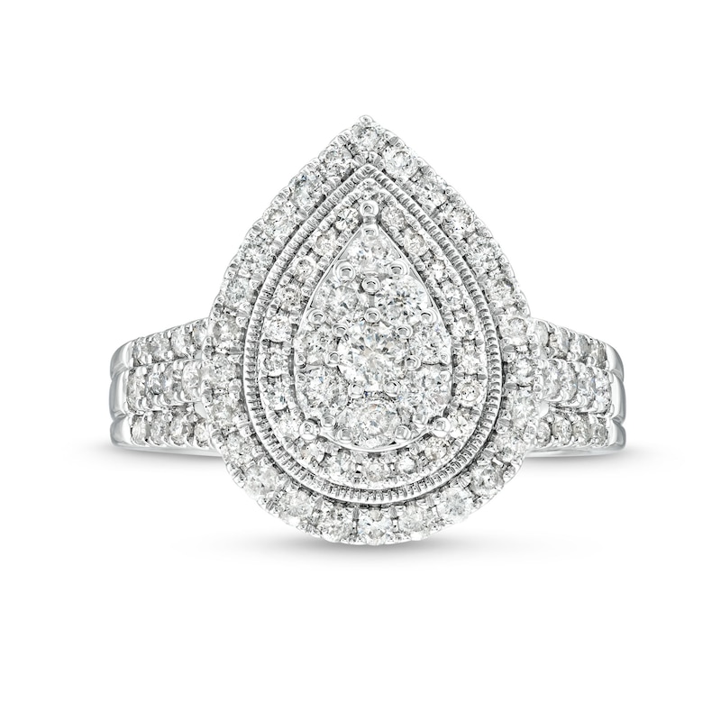 Main Image 4 of 1 CT. T.W. Pear Multi-Diamond Multi-Row Vintage-Style Engagement Ring in 10K White Gold