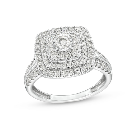 1 CT. T.w. Diamond Triple Cushion Frame Multi-Row Vintage-Style Engagement Ring in 10K White Gold
