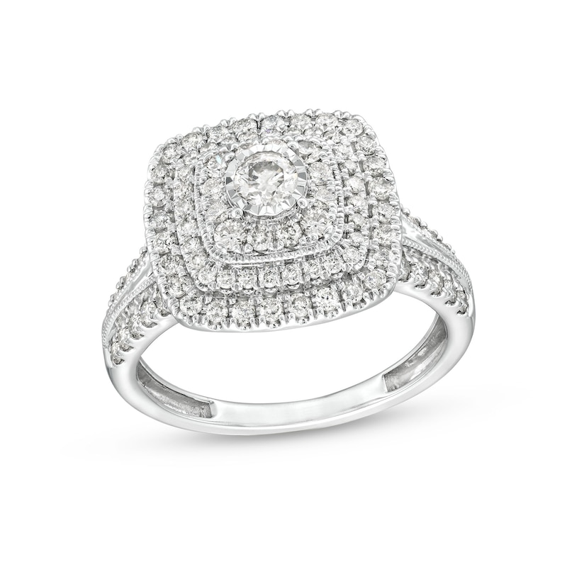 Main Image 1 of 1 CT. T.W. Diamond Triple Cushion Frame Multi-Row Vintage-Style Engagement Ring in 10K White Gold