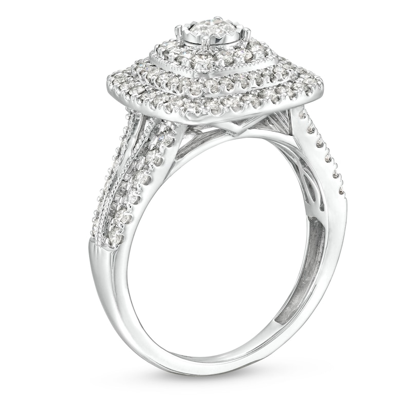 Main Image 3 of 1 CT. T.W. Diamond Triple Cushion Frame Multi-Row Vintage-Style Engagement Ring in 10K White Gold