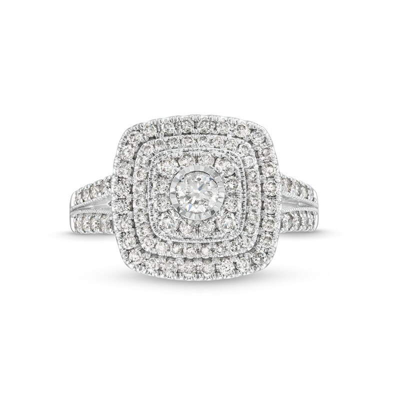 Main Image 4 of 1 CT. T.W. Diamond Triple Cushion Frame Multi-Row Vintage-Style Engagement Ring in 10K White Gold