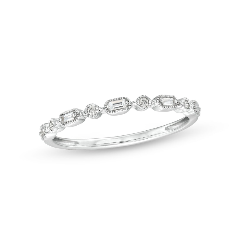 Main Image 1 of 1/15 CT. T.W. Baguette and Round Diamond Vintage-Style Stackable Band in 10K White Gold