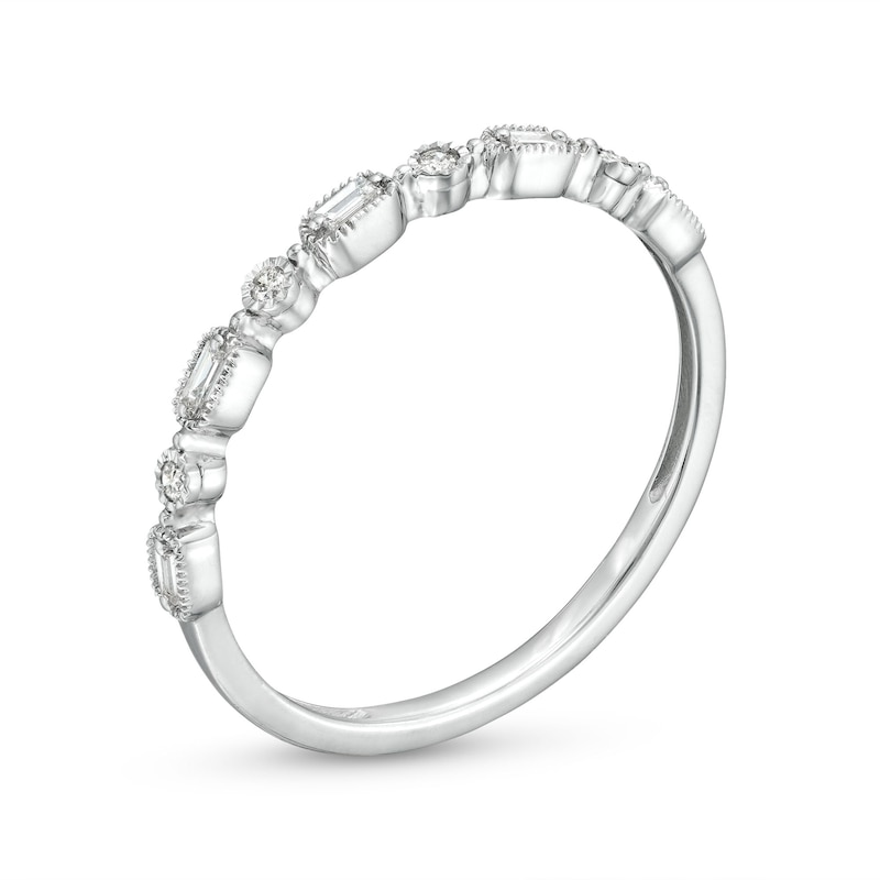 Main Image 3 of 1/15 CT. T.W. Baguette and Round Diamond Vintage-Style Stackable Band in 10K White Gold