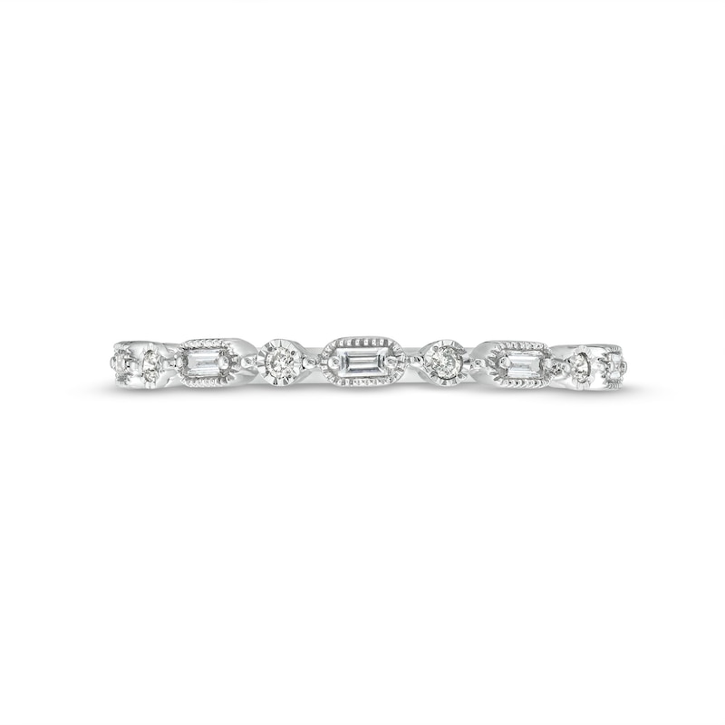 Main Image 4 of 1/15 CT. T.W. Baguette and Round Diamond Vintage-Style Stackable Band in 10K White Gold