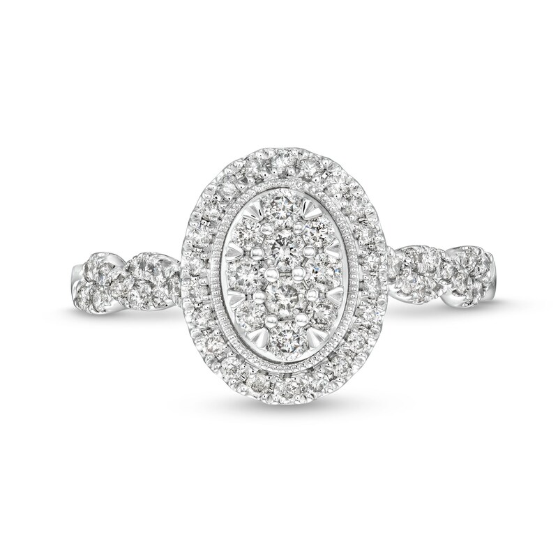Main Image 4 of 1/2 CT. T.W. Oval Multi-Diamond Frame Twist Shank Engagement Ring in 10K White Gold