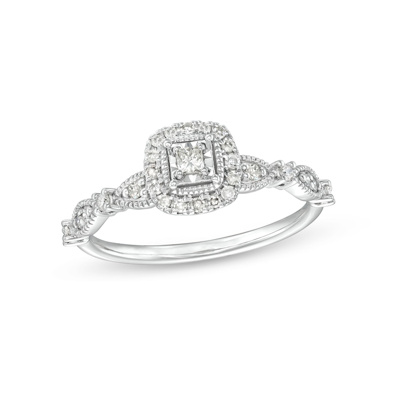 Main Image 1 of 1/4 CT. T.W. Princess-Cut Diamond Cushion Frame Vintage-Style Promise Ring in 10K White Gold