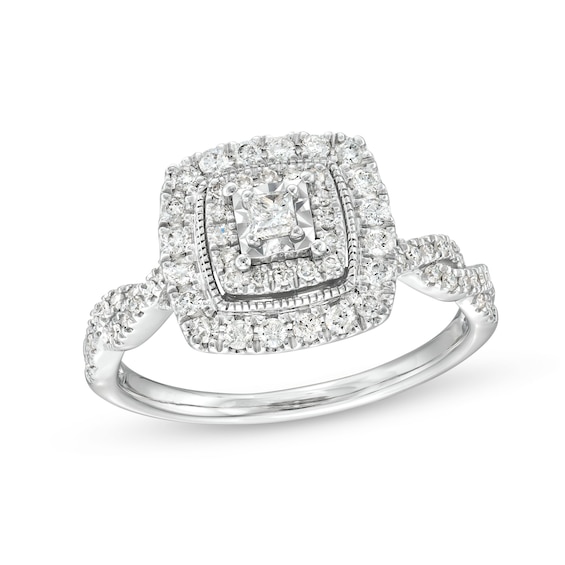 1/2 CT. T.w. Princess-Cut Diamond Cushion Frame Vintage-Style Ring in 10K White Gold