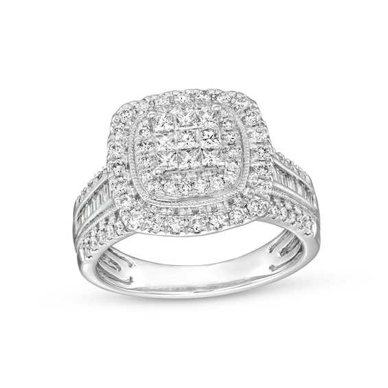 1 CT. T.w. Princess-Cut Multi-Diamond Cushion Frame Vintage-Style Engagement Ring in 10K White Gold