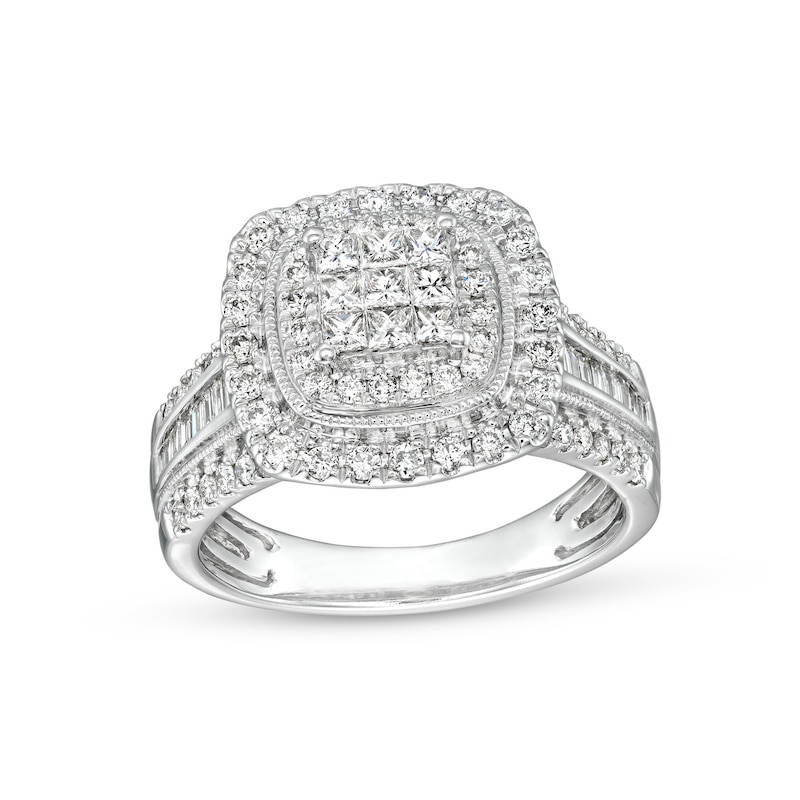 Main Image 1 of 1 CT. T.W. Princess-Cut Multi-Diamond Cushion Frame Vintage-Style Engagement Ring in 10K White Gold