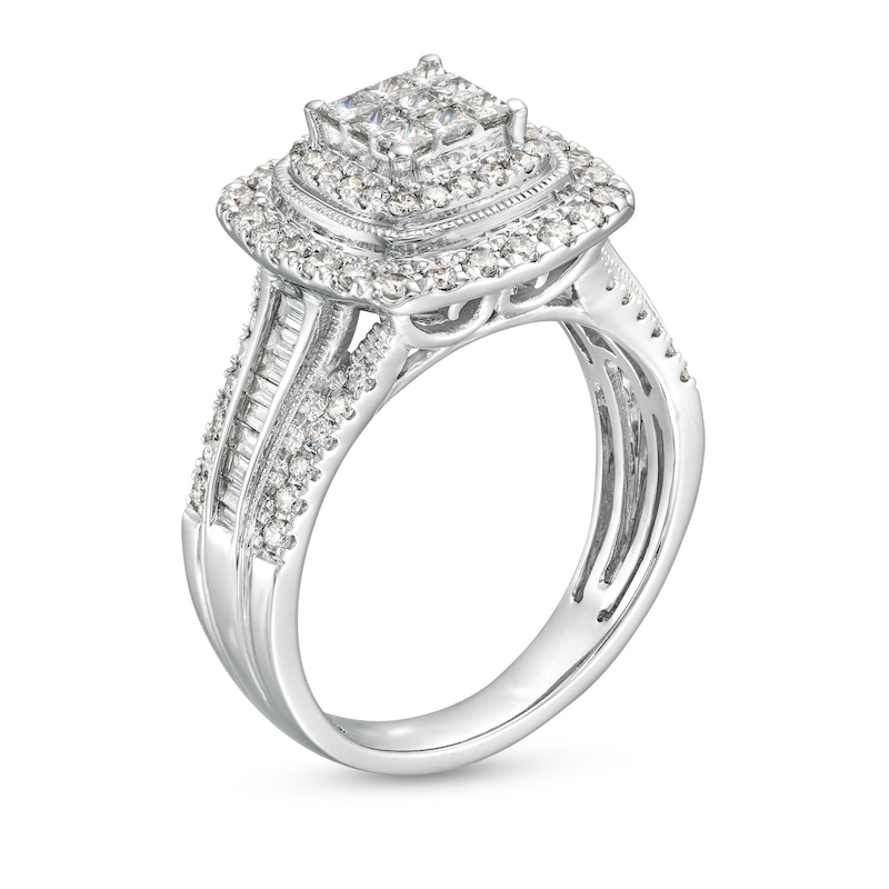 Main Image 3 of 1 CT. T.W. Princess-Cut Multi-Diamond Cushion Frame Vintage-Style Engagement Ring in 10K White Gold