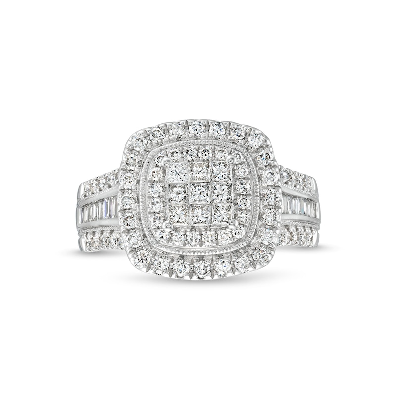 Main Image 4 of 1 CT. T.W. Princess-Cut Multi-Diamond Cushion Frame Vintage-Style Engagement Ring in 10K White Gold
