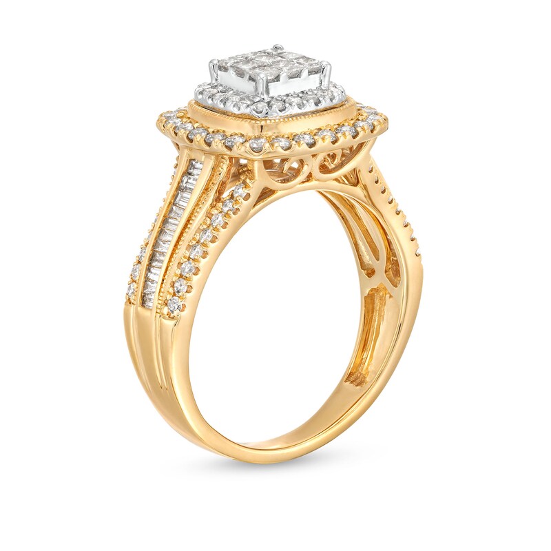 Main Image 3 of 1 CT. T.W. Princess-Cut Multi-Diamond Cushion Frame Vintage-Style Engagement Ring in 10K Gold