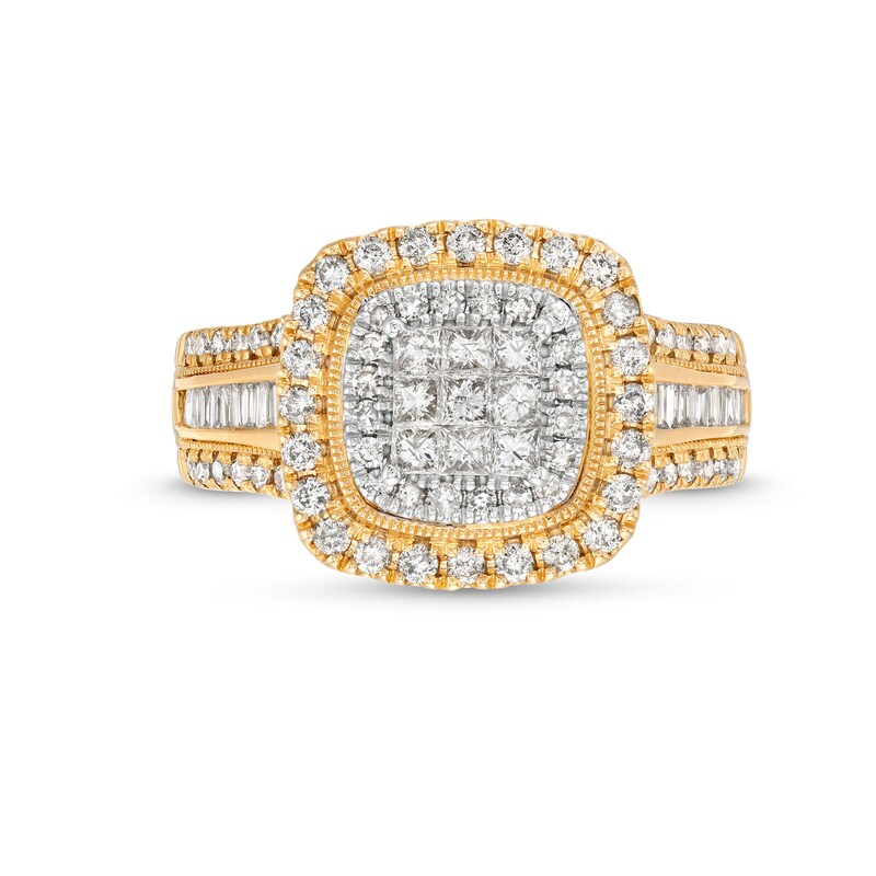 Main Image 4 of 1 CT. T.W. Princess-Cut Multi-Diamond Cushion Frame Vintage-Style Engagement Ring in 10K Gold