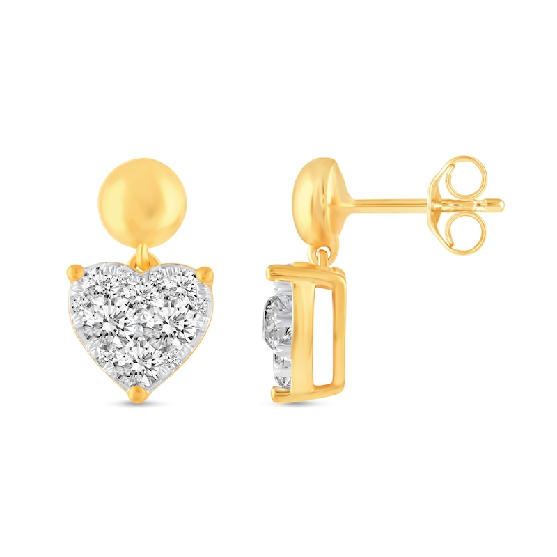 Main Image 3 of 1 CT. T.W. Heart Multi-Diamond Polished Bead Dangle Drop Earrings in 14K Gold