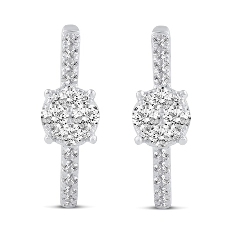 Main Image 2 of 1/2 CT. T.W. Multi-Diamond center Huggie Hoop Earrings in 14K White Gold