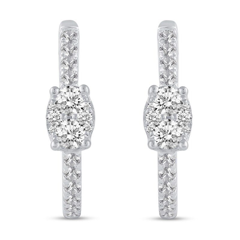 Main Image 2 of 1/2 CT. T.W. Oval Multi-Diamond center Huggie Hoop Earrings in 14K White Gold